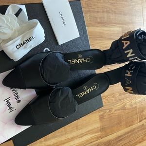 SOLD!! Chanel logo ankle strap mules